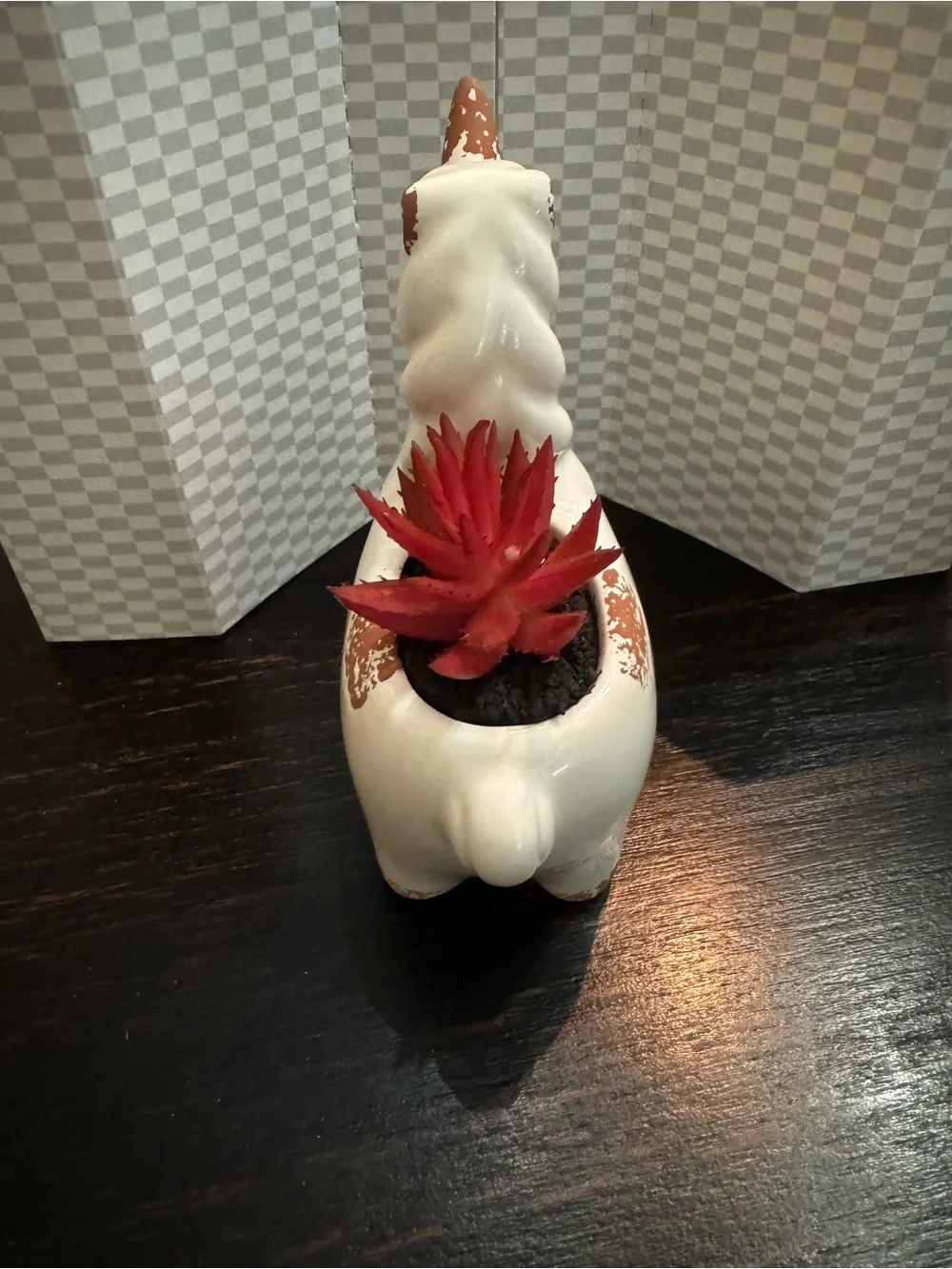 White Ceramic Unicorn Planter with Red Faux Succulent